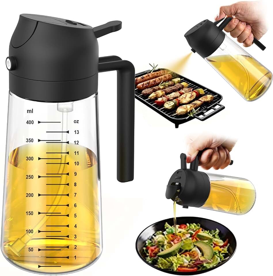 TrendPlain 16oz/470ml Glass Olive Oil Sprayer for Cooking – 2 in 1 Olive Oil Dispenser Bottle for Kitchen Gadgets and Air Fryer Accessories, Salad, BBQ - Black Global Recycled Standard