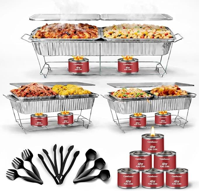 Disposable Chafing Dish Buffet Set, 33 Piece of Chafing Servers with Food Warmers, Covers, Full-Size Food Pans, Water Trays, Serving Utensils, Foil Lids and 4Hr Fuel Cans for Parties, Catering