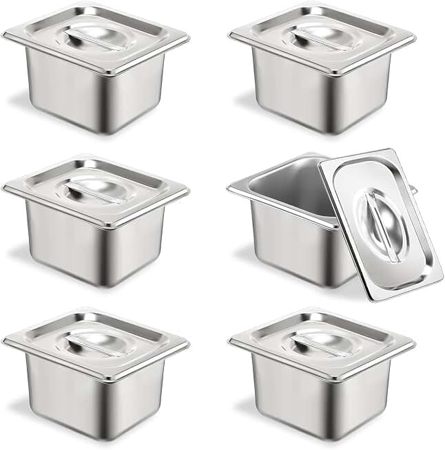 6 Set Stainless Steel Hotel Pans 1/6 Size 4 Inch Deep With Lids, Anti-Jam Chafing Steam Table Pans, Catering Food Storage Metal Pan