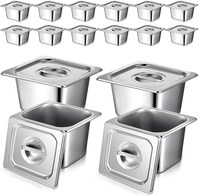 16 Set 1/6 Stainless Steel Pans with 16 Lids, 2Tongs, 4Spoons, 4 Inch Deep | Hotel Pans Catering Food Storage Containers for Commercial Steam Table Hotel Restaurant Buffet Supplies