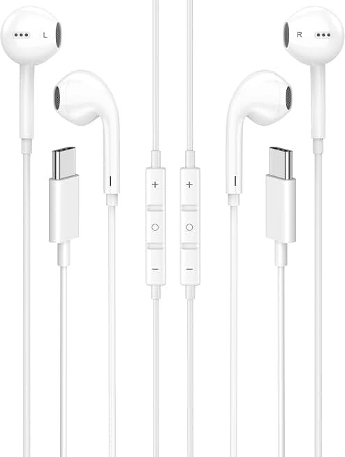 USB C Headphones Wired for iPhone 17 16 15, 2 Pack Type C Earphones | USB C Headphones for iPhone,USBC Type C Earphones with Microphone & Remote Control Noise Cancelling Wired Earbuds